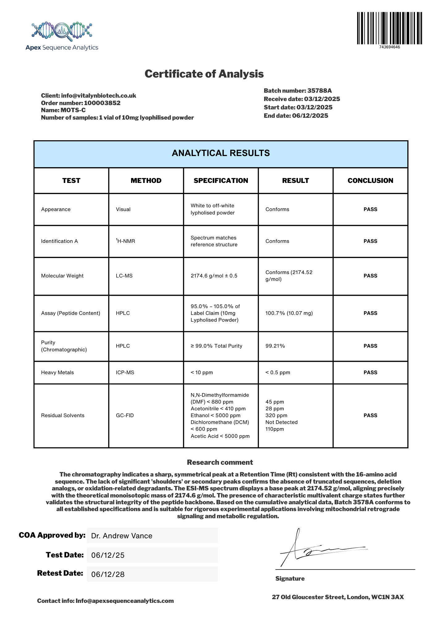 MOTS-C | Metabolic Enhancer | Research Grade Peptide